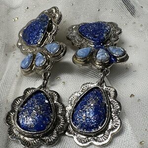 Vintage Madrid Blue Lapis Sparkling Silver post Teardrop Earrings